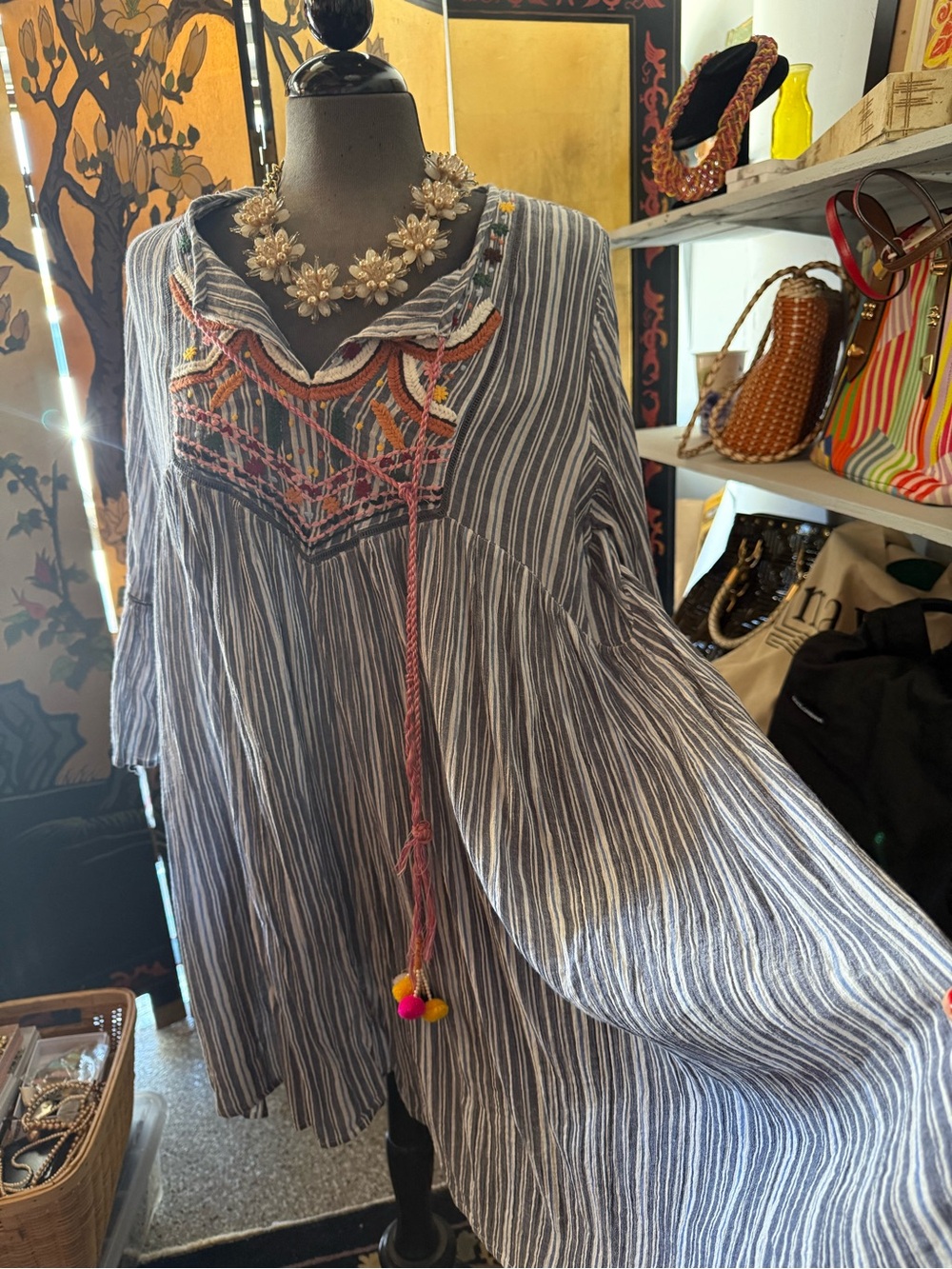 Embroidered cotton Striped Peasant Tunic in Blue and White